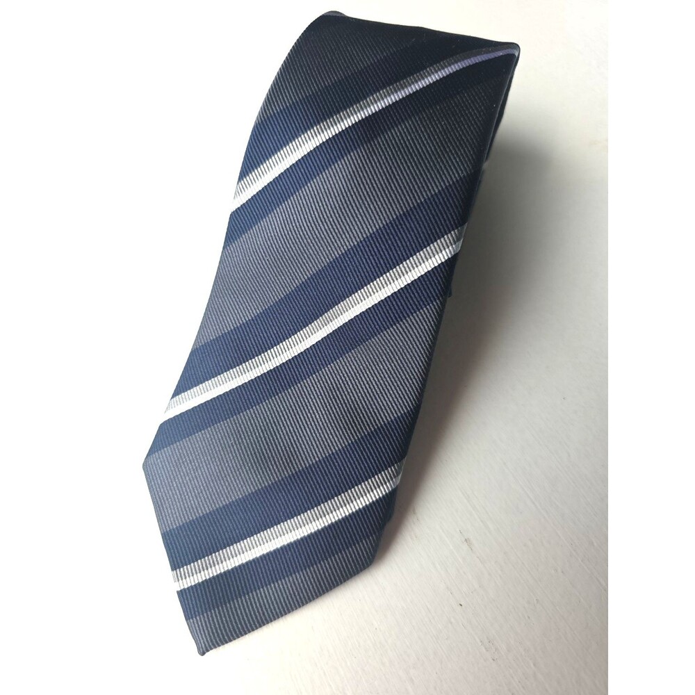 Banana Republic Tie Slim Blue Gray Striped 100% Silk Necktie EUC Preppy Office